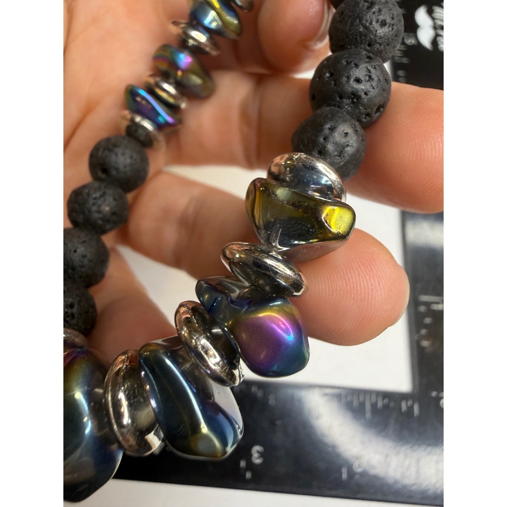 Black Lava Rock and Rainbow Iridescent Hematite Stretch Bracelet Unisex